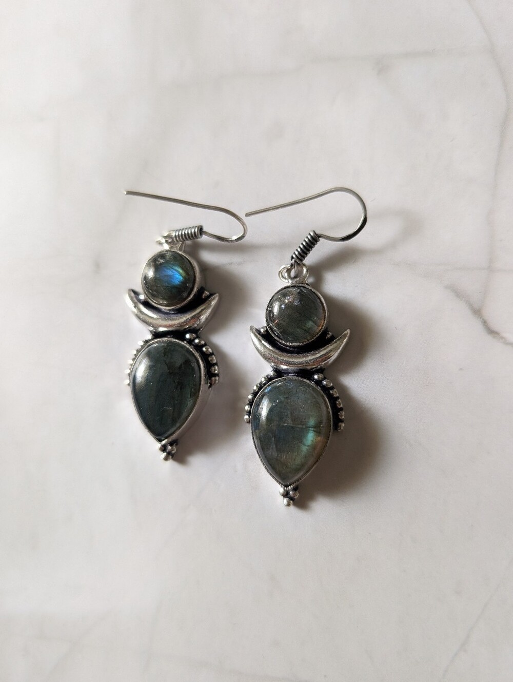 925 Sterling Silver Iridescent Labradorite Dangle Earrings Crescent Moon